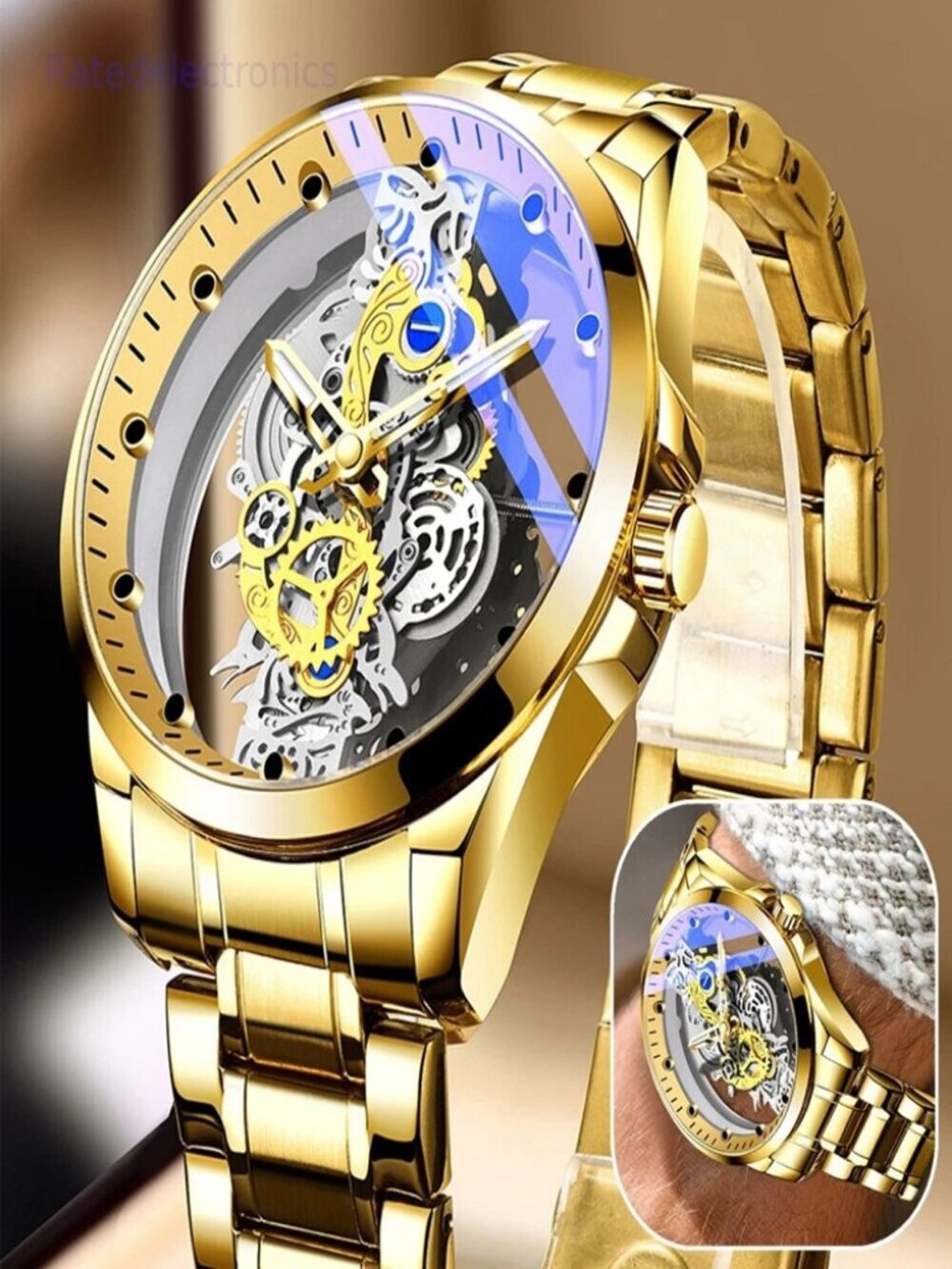 Luxury Men's Automatic Quartz Stainless Steel Business Watch Hollow Skeleton